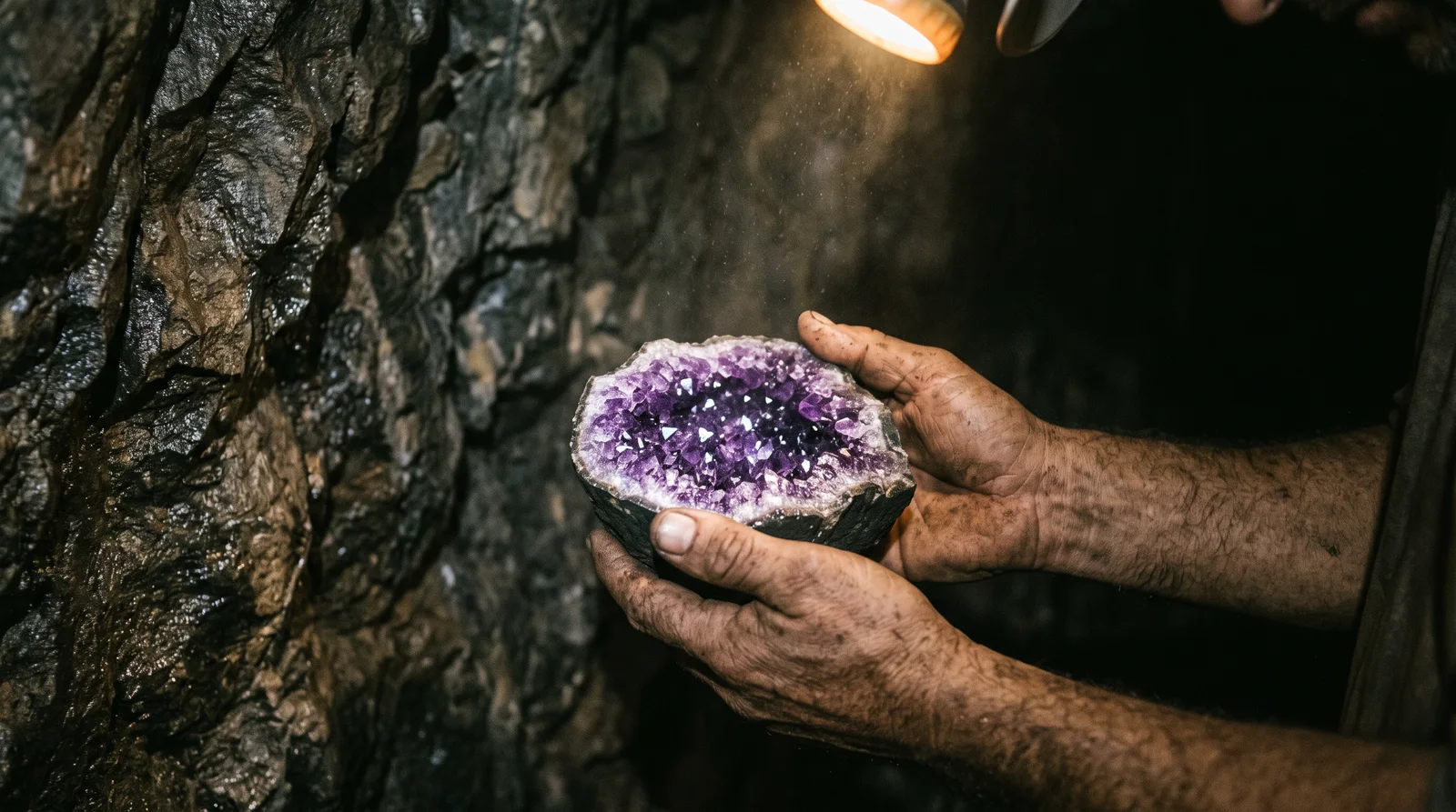 A miner's hands holding a freshly opened amethyst geode in a basalt tunnel