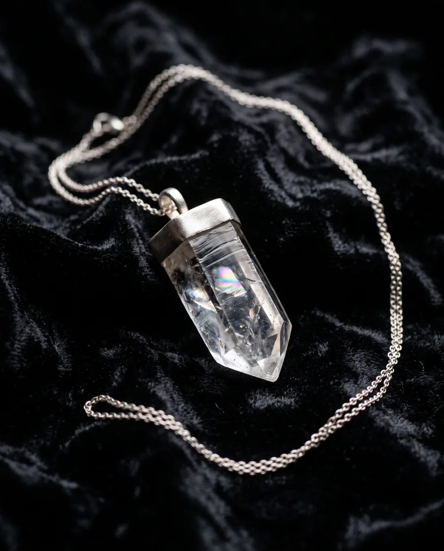 Raw clear quartz point pendant capped in platinum on a fine chain